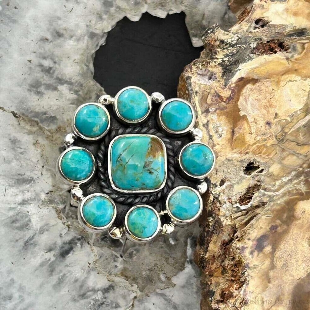 Sterling Southwestern Style Mohave Turquoise Cluster Ring Size 7.5 For Women